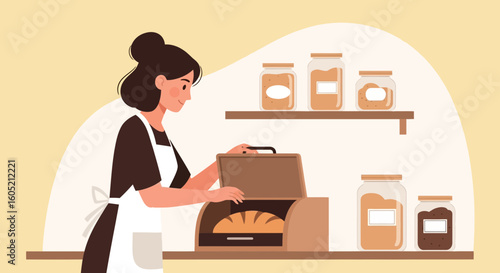 Woman Enjoying Fresh Baked Bread From Wood Breadbox In The Kitchen