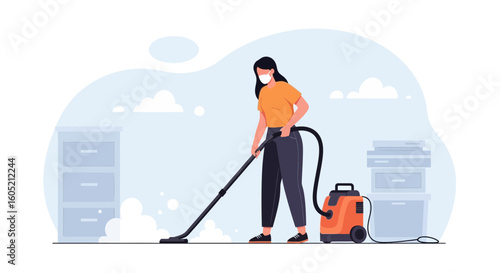 Woman Wearing A Mask While Vacuuming The House During Pandemic Times
