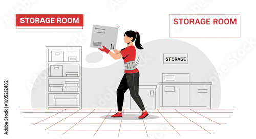 Woman Wearing Back Support Safely Lifting Heavy Box In Storage Room