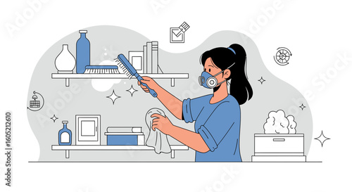 Woman Wearing Face Mask Is Cleaning Home Interior On Light Background
