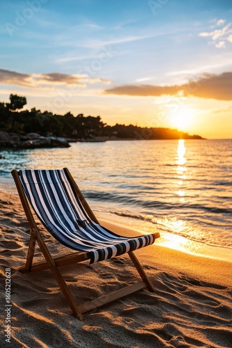 Relaxing Beach Chair at Sunset on a Quiet Shore With Waves Gently Lapping at ...