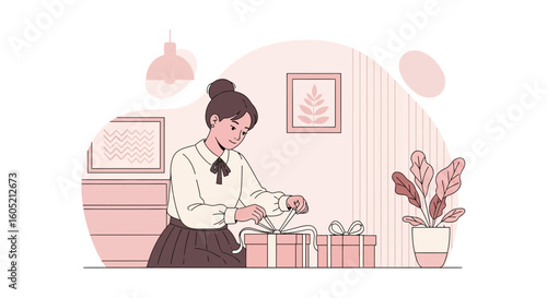 Young Woman Preparing Gifts With Ribbons For Festive Occasion At Home