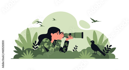 Woman Wildlife Photographer Capturing Images With Professional Camera Lens