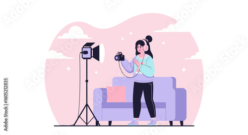 Woman With A Camera Shooting Photos In A Modern Studio Photography Setup