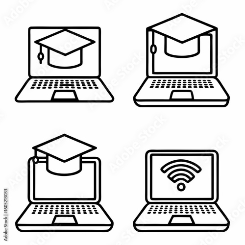 Online Learning/E-course Platform: An icon for digital education. This could be an open book with a Wi-Fi symbol, a graduation cap on a laptop screen, 
