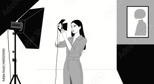 Young Woman Sets Up Professional Studio Lighting for a Photoshoot