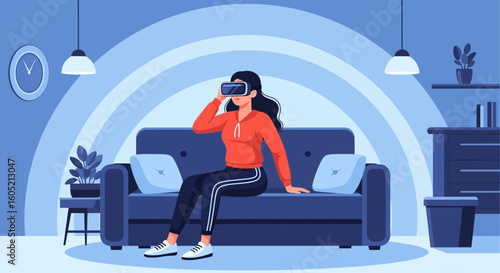 Woman Enjoying Virtual Reality Experience At Home On Comfortable Sofa