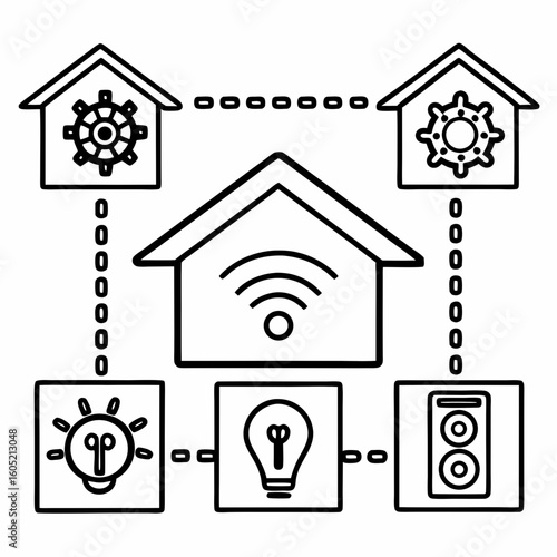 A black and white line drawing of various icons related to smart home technology. The main icon is a house with a Wi-Fi symbol on the roof. 