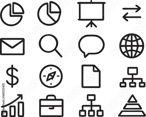 Set of 16 simple business and finance vector icons on transparent background