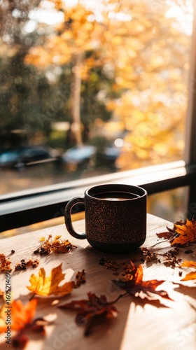 Cozy Coffee Cup Surrounded by Autumn Leaves on a Sunny Day in the City.