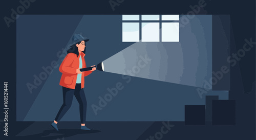 Woman Exploring Dark Room With Flashlight For Safety In A Building