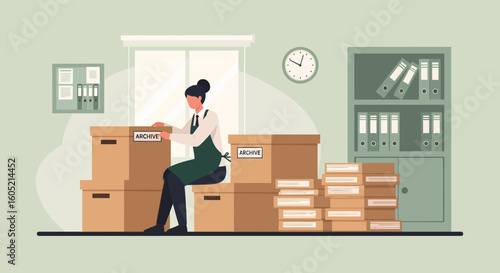 Woman Working With Archive Boxes In An Office Environment Illustration