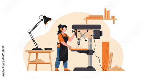 Woman Working With Drill Press In The Carpentry Workshop With Headphones