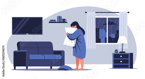 Woman Feels Lonely At Home During A Rainy Night Embracing A Pillow