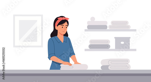Woman Folding Clean Laundry at Home with Shelves in the Background