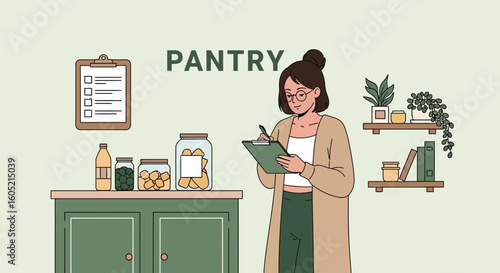 Woman Writes Down Pantry Inventory List For Food Stock At Home