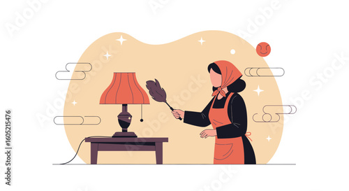 Woman Gently Dusting A Lamp With Feather Duster For Regular Housekeeping