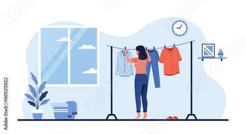 Woman Hanging Laundry Indoors In Minimalist Style Flat Vector Design