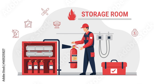 Worker Inspecting Equipment In The Fire Suppression Storage Room Setup