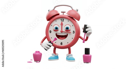 Cartoon clock character applying nail polish