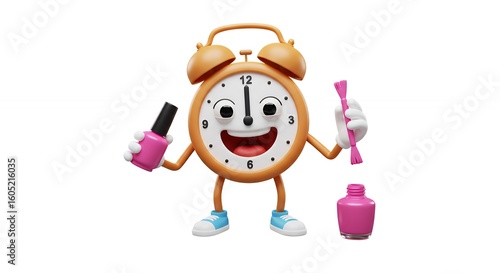 Cartoon clock character with nail polish