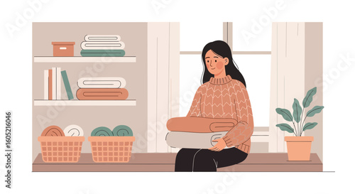 Woman Holding Freshly Cleaned Laundry Sitting Near Shelf In A Cozy Room