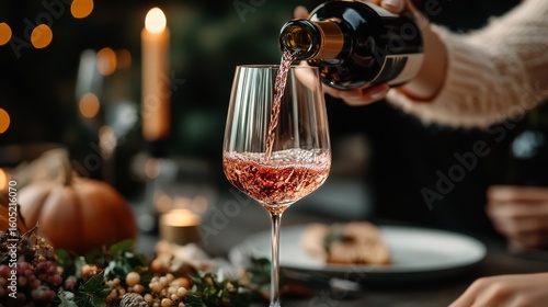 Pouring Red Wine Into a Glass During a Cozy Autumn Gathering With Candles and...