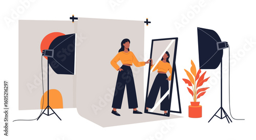 Woman In A Photo Studio Posing In Front Of A Mirror For A Portrait