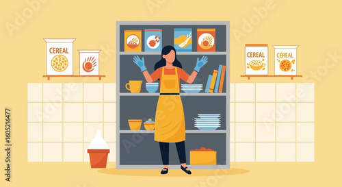 Woman In Apron Arranging Supplies On Shelves In Home Kitchen Area