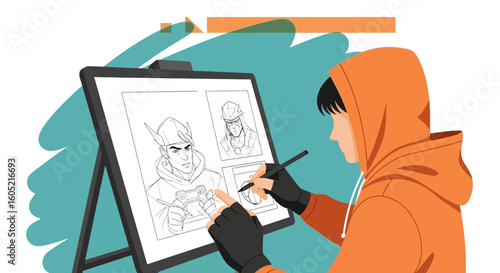 Young Artist Creates Superheroes Comics Art on Digital Drawing Tablet