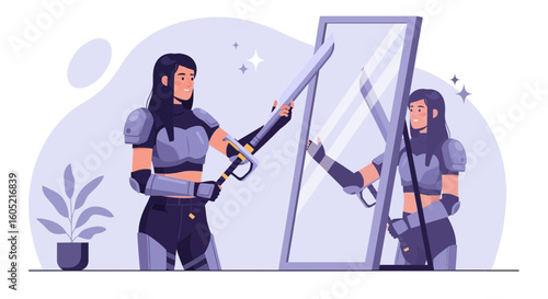 Woman In Armor Looking At Herself In The Mirror And Holding A Sword