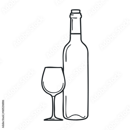 Simple line drawing of wine bottle and glass. Vector illustration