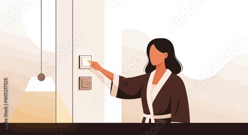 Woman In Bathrobe Turning On Or Off The Light Switch At Home