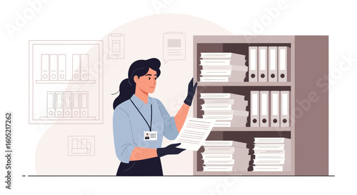 Woman In Gloves Working With Archives And Organizing Documents System