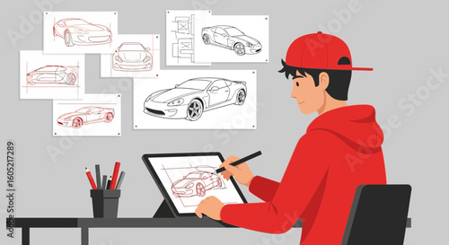 Young Artist Working On Car Designs Using A Digital Tablet At His Creative Workspace