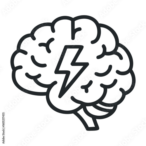 Minimalist brain icon with lightning bolt illustrating creative and electrical concepts. Vector illustration