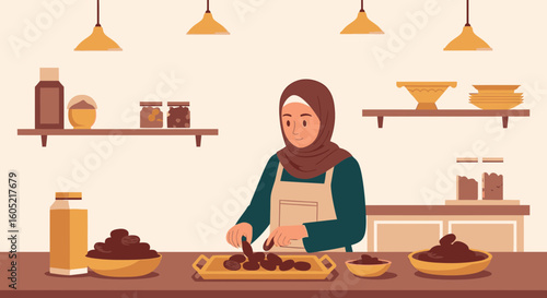 Woman In Hijab Preparing Dates For Ramadan In Kitchen Illustration