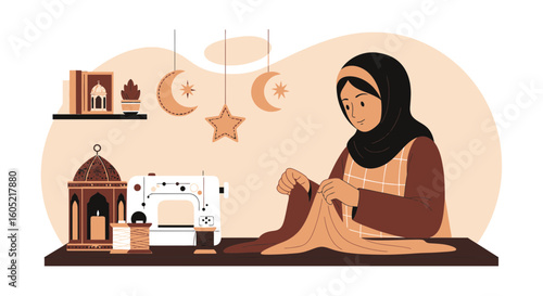 Woman In Hijab Sewing A Traditional Dress For Eid Celebration