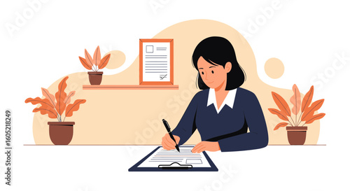 Woman In Office Fills Out Paperwork On A Clipboard By Decorative Plants