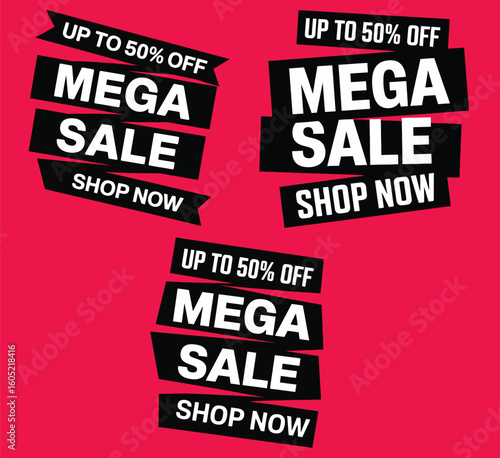 Mega Sale 50% Off Promotional Banners - Shop Now Call Action Vector Set