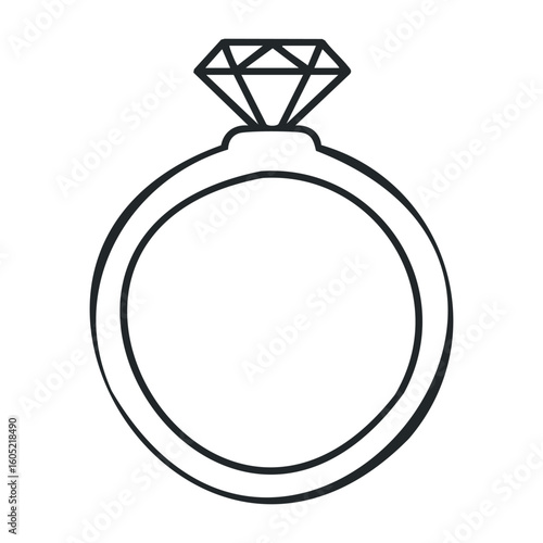 Elegant diamond ring with gemstone in black and white line art design. Vector illustration