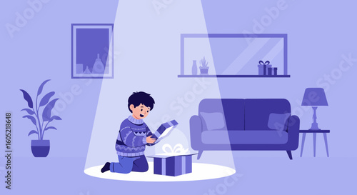 Young Boy Joyfully Unveiling A Magical Gift In A Cozy Living Room Setting