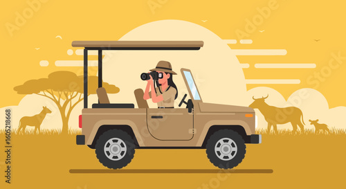 Woman In Safari Car Taking Picture Of Wildlife In The African Savanna