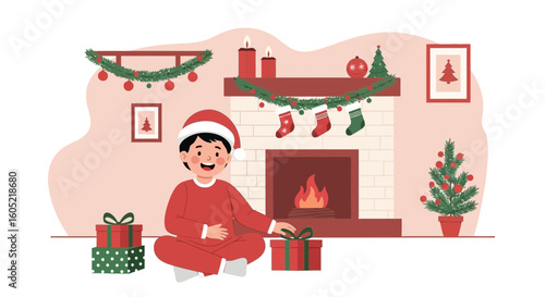 Young Boy In Santa Hat Opening Christmas Gifts By Fireplace Home Scene
