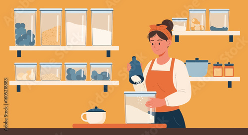 Woman In The Kitchen Pouring Rice From Bottle To Container In Pantry