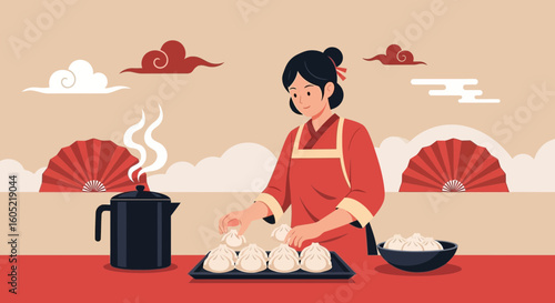 Woman In Traditional Clothes Preparing Chinese Dumplings In Kitchen