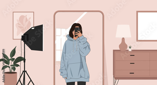 Woman In Trendy Oversized Hoodie Takes Mirror Selfie In Cozy Room
