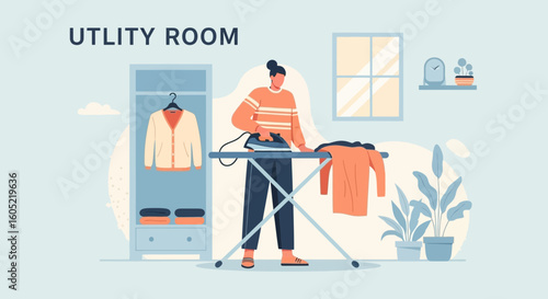 Woman Ironing Clothes In A Bright Laundry Room At Home Illustration