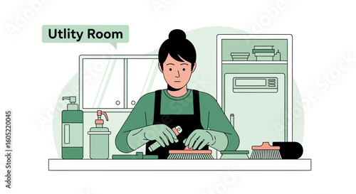 Woman Is Cleaning Things In The Utility Room With Gloves And Equipments