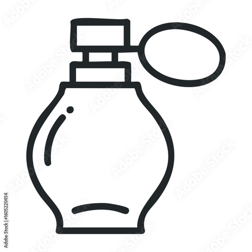 Vintage perfume bottle icon with atomizer in black and white line style. Vector illustration
